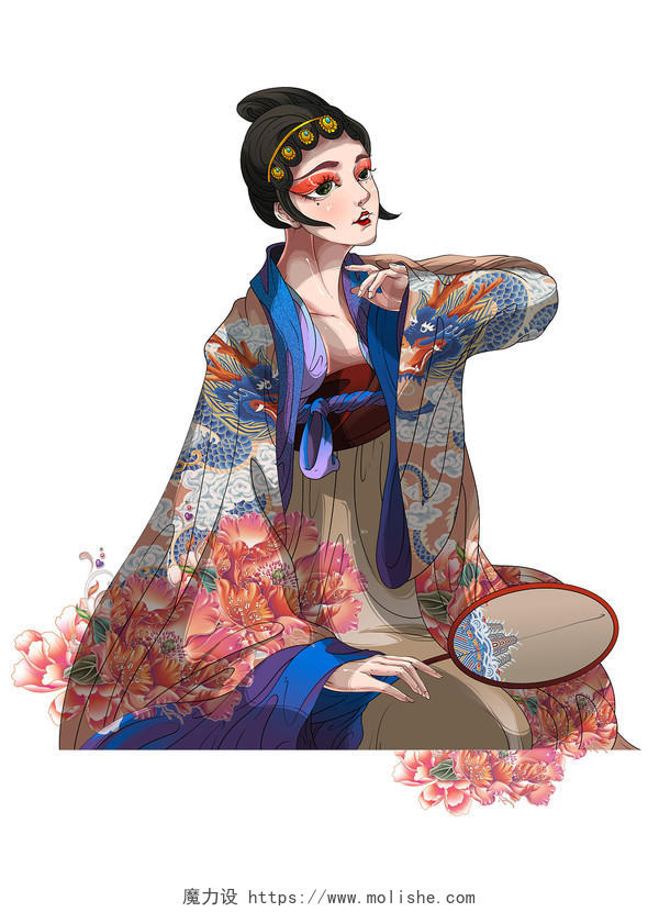 彩色手绘卡通中国风国潮古代女子美女人物国潮元素PNG素材
